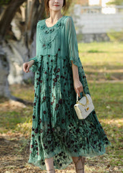 Stylish Lake Green Embroideried Patchwork Silk Long Dress Half Sleeve