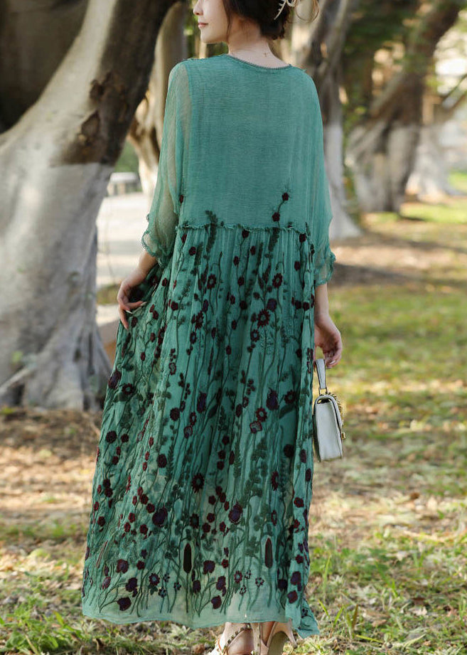 Stylish Lake Green Embroideried Patchwork Silk Long Dress Half Sleeve