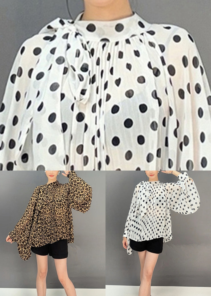 Stylish Leopard Lace Up Dot Chiffon Blouses Fall