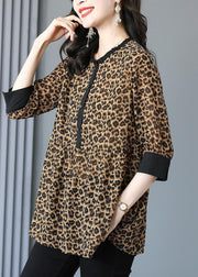 Stylish Leopard O Neck Wrinkled Patchwork Cotton Blouses Summer