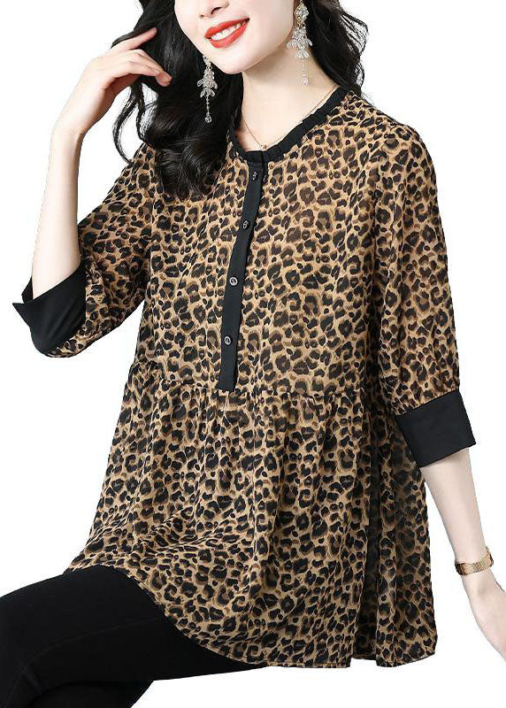 Stylish Leopard O Neck Wrinkled Patchwork Cotton Blouses Summer