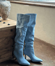 Stylish Light Blue Denim Boots Splicing Stiletto Heels Pointed Toe