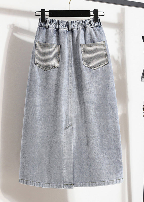 Stylish Light Blue Elastic Waist Patchwork Side Open Denim Skirt Summer