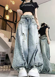 Stylish Light Blue High Waist Denim Ripped Pants Spring