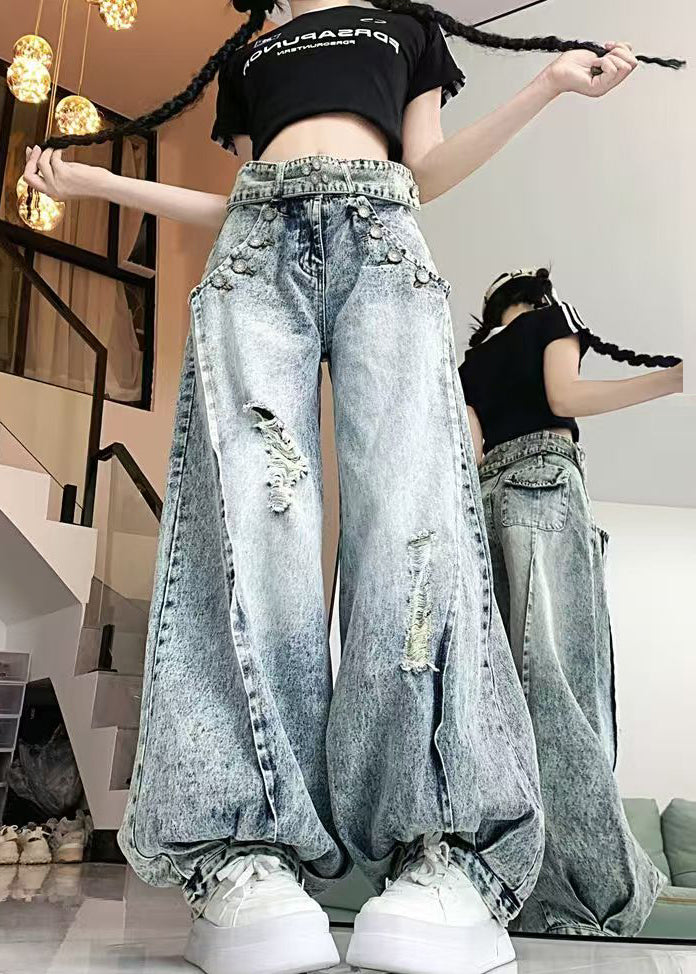 Stylish Light Blue High Waist Denim Ripped Pants Spring