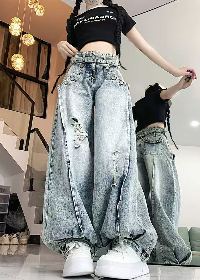 Stylish Light Blue High Waist Denim Ripped Pants Spring