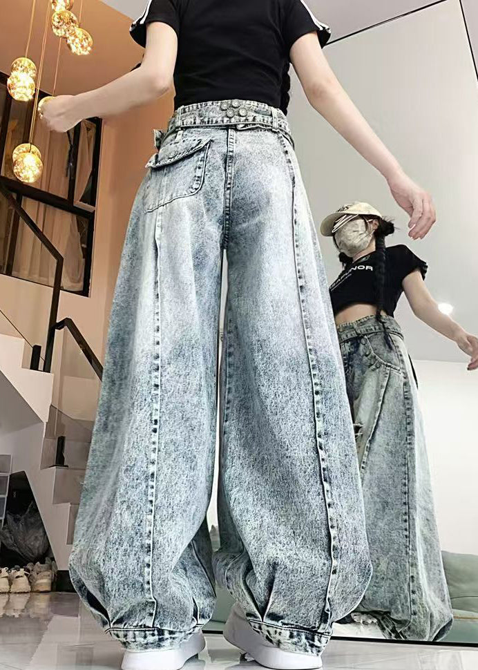 Stylish Light Blue High Waist Denim Ripped Pants Spring