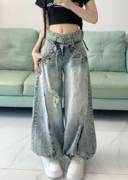 Stylish Light Blue High Waist Denim Ripped Pants Spring