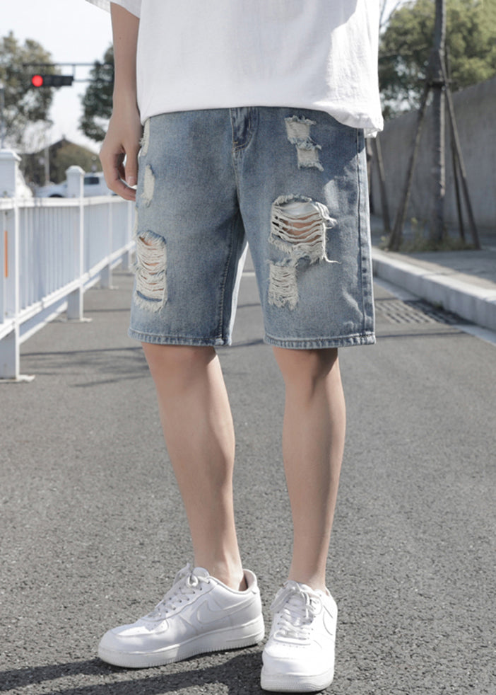 Stylish Light Blue Hole High Waist Denim Men Shorts Summer