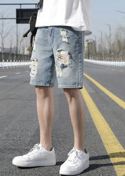 Stylish Light Blue Hole High Waist Denim Men Shorts Summer