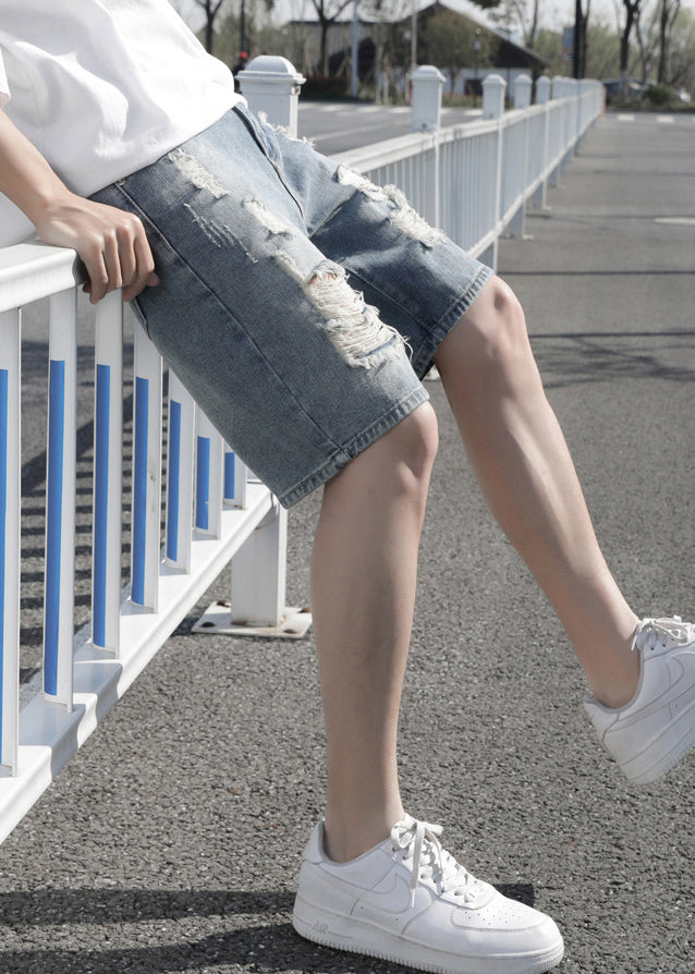 Stylish Light Blue Hole High Waist Denim Men Shorts Summer