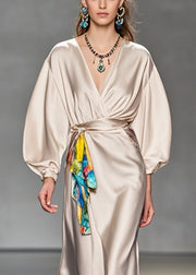 Stylish Light Camel Tie Waist Draping Silk Dress Lantern Sleeve