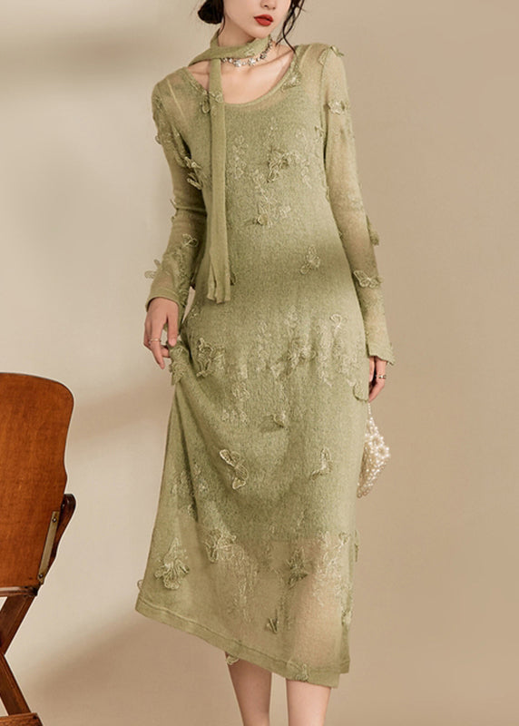 Stylish Light Green O-Neck Butterfly Knit Long Dress Spring