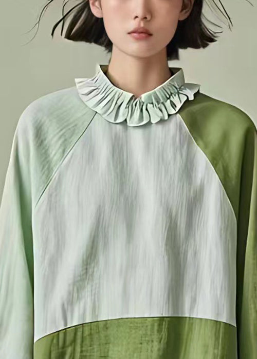 Stylish Light Green Ruffled Patchwork Cotton Blouses Long Sleeve