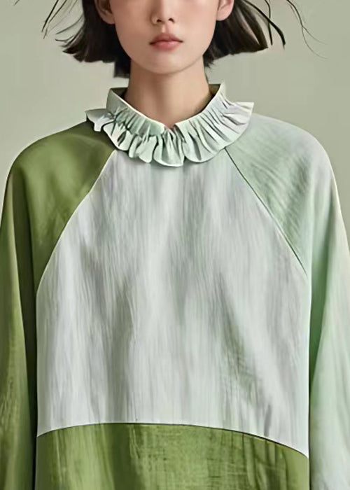 Stylish Light Green Ruffled Patchwork Cotton Blouses Long Sleeve