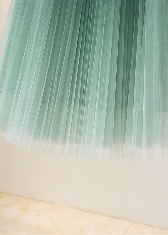 Stylish Light Green Wrinkled Elastic Waist Tulle Skirts Spring