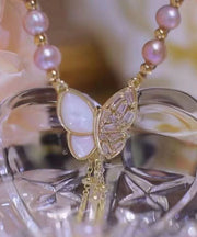 Stylish Light Purple Sterling Silver Alloy Zircon Butterfly Pearl Tassel Pendant Necklace