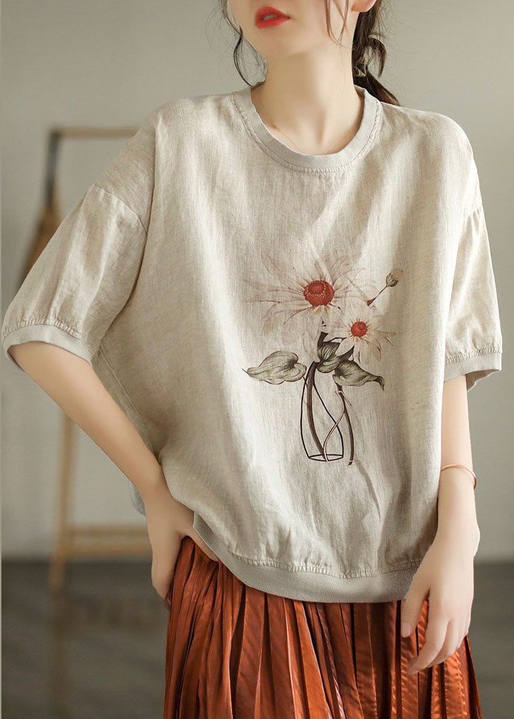 Stylish Linen Color O-Neck Oversized Print Linen Tank Tops Short Sleeve