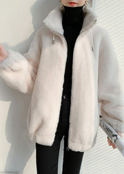 Stylish Milk White Stand Collar Zippered Mink Hair Coats Spring