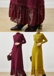 Stylish Mulberry Silm Fit Patchwork Lace Knitted Long Dress Spring