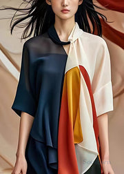 Stylish Navy Asymmetrical Patchwork Chiffon Shirt Half Sleeve