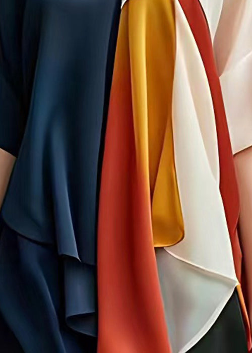 Stylish Navy Asymmetrical Patchwork Chiffon Shirt Half Sleeve