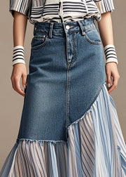 Stylish Navy Asymmetrical Patchwork Denim Pleated Skirt Spring