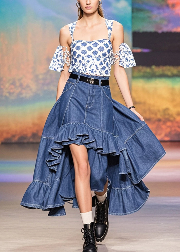 Stylish Navy Asymmetrical Patchwork Ruffles Denim Skirts Spring