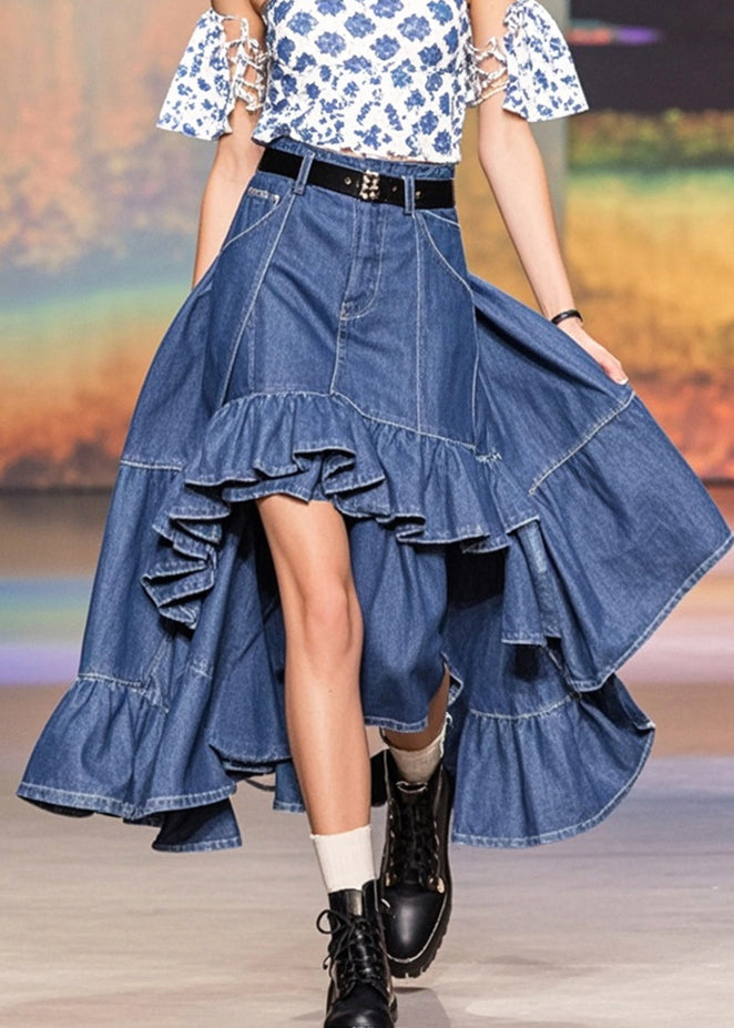 Stylish Navy Asymmetrical Patchwork Ruffles Denim Skirts Spring