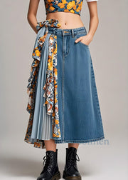 Stylish Navy Asymmetrical Patchwork Wrinkled Denim Skirts Spring