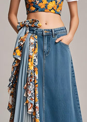 Stylish Navy Asymmetrical Patchwork Wrinkled Denim Skirts Spring