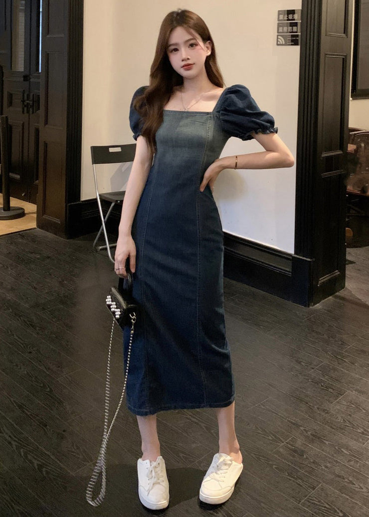 Stylish Navy Gradient Color Square Collar Denim Dress Puff Sleeve