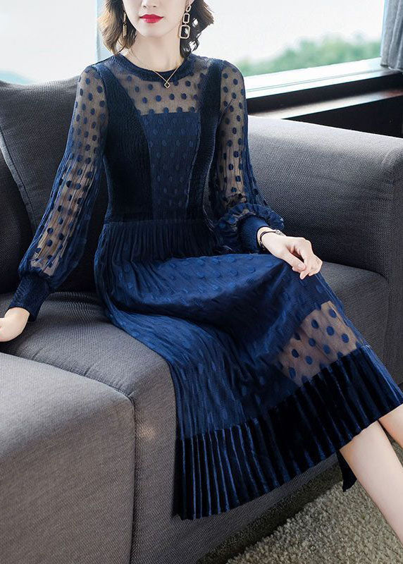 Stylish Navy Hollow Out Patchwork Tulle Long Dress Spring