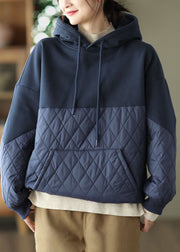 Stylish Navy Hooded Patchwork Fine Cotton Filled Sweatshirts Top Winter