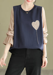 Stylish Navy O Neck Heart Patchwork False Two Pieces Cotton Top Fall