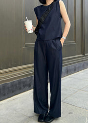 Stylish Navy O-Neck Top And Wide Leg Pants Two Pieces Set Summer