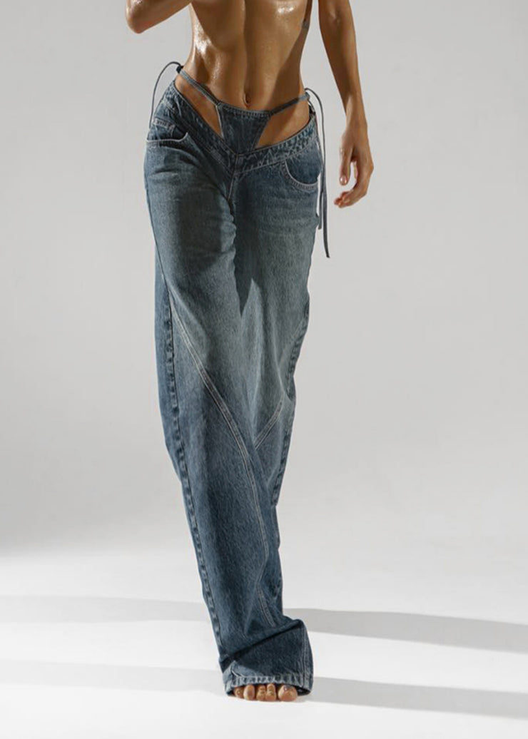 Stylish Navy Patchwork Denim Pants Spring