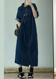 Stylish Navy Peter Pan Collar Patchwork Denim Shirts Dress Summer