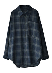 Stylish Navy Peter Pan Collar Plaid Low High Design Button Cotton Shirt Long Sleeve