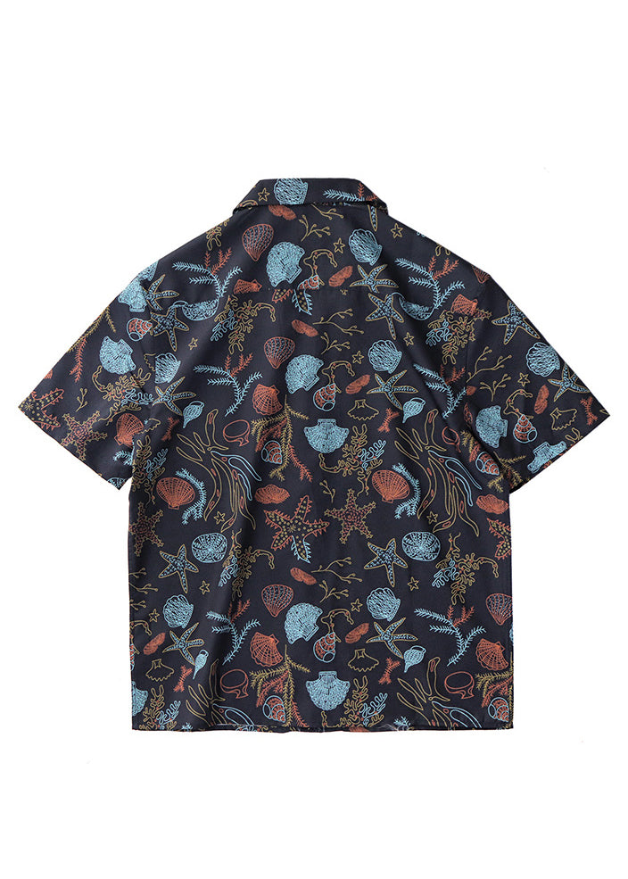 Stylish Navy Peter Pan Collar Print Cotton Mens Hawaiian Shirts Summer