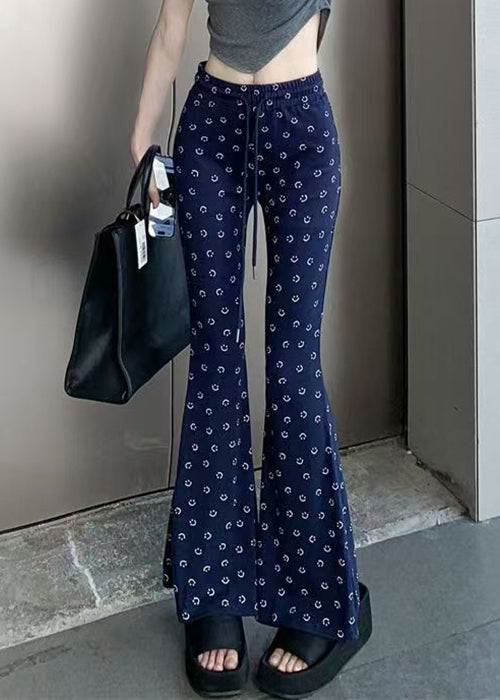 Stylish Navy Print Elastic Waist Cotton Flare Bottoms Spring