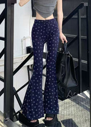 Stylish Navy Print Elastic Waist Cotton Flare Bottoms Spring