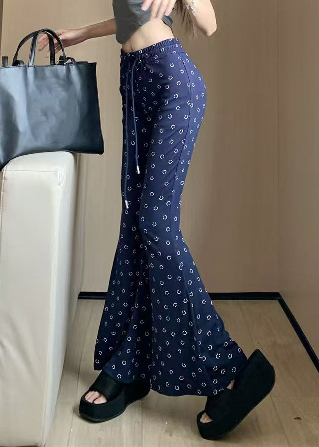 Stylish Navy Print Elastic Waist Cotton Flare Bottoms Spring