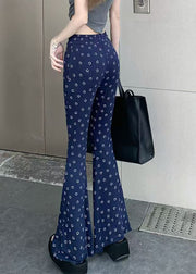 Stylish Navy Print Elastic Waist Cotton Flare Bottoms Spring