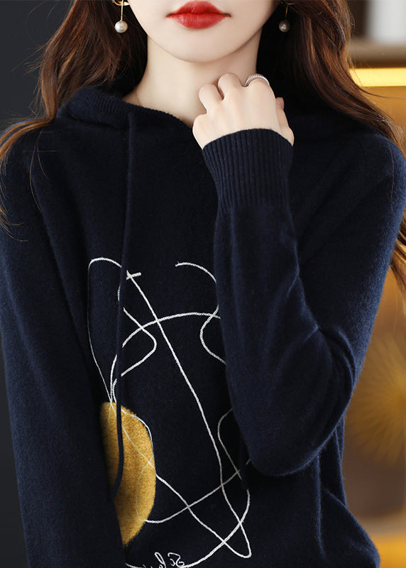 Stylish Navy Print Wool Knit Hooded Sweater Fall