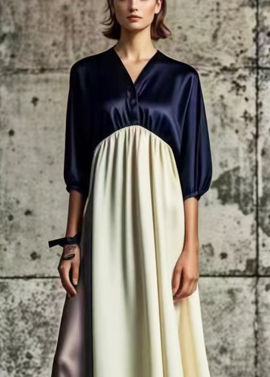 Stylish Navy V Neck Patchwork Silk Long Dress Summer