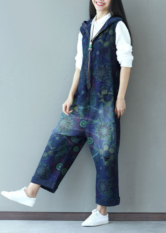 Stylish Navy Zippered Hooded Print Denim Jumpsuits Spring