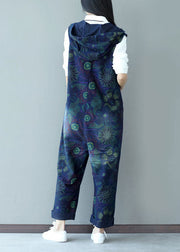 Stylish Navy Zippered Hooded Print Denim Jumpsuits Spring