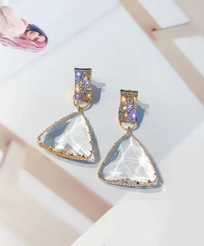 Stylish Nude Sterling Silver Ovetgild Inlaid Zircon Triangle Crystal Drop Earrings