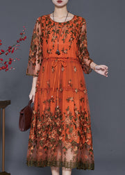 Stylish Orange Embroidered Drawstring Tulle Dress Summer
